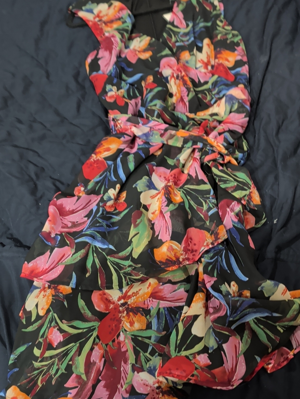 connected apparel Black Floral Mini Dress with Pink, Orange & Green Blooms
